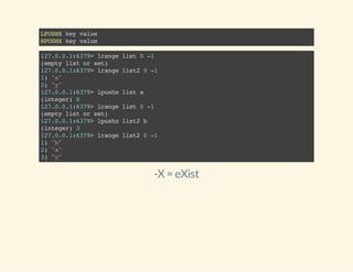 LPUSHXkeyvalue
RPUSHXkeyvalue
127.0.0.1:6379>lrangelist0-1
(emptylistorset)
127.0.0.1:6379>lrangelist20-1
1)"a"
2)"y"
127.0.0.1:6379>lpushxlista
(integer)0
127.0.0.1:6379>lrangelist0-1
(emptylistorset)
127.0.0.1:6379>lpushxlist2b
(integer)3
127.0.0.1:6379>lrangelist20-1
1)"b"
2)"a"
3)"y"
-X = eXist
 