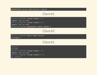 BRPOPLPUSHsourcedestinationtimeout
Client#1
127.0.0.1:6379>lrangenames0-1
(emptylistorset)
127.0.0.1:6379>lrangenames20-1
(emptylistorset)
127.0.0.1:6379>brpoplpushnamesnames25
Client#2
127.0.0.1:6379>lpushnamesdaniel
(integer)1
Client#1
"daniel"
(2.03s)
127.0.0.1:6379>lrangenames0-1
(emptylistorset)
127.0.0.1:6379>lrangenames20-1
1)"daniel"
 