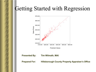 Getting Started with Regression
                        $700,000



                        $600,000



                        $500,000




         Sales Prices
                        $400,000



                        $300,000



                        $200,000


                        $100,000
                             $100,000   $200,000   $300,000   $400,000   $500,000   $600,000


                                                   Predicted Values




     Presented By:                            Tim Wilmath, MAI

     Prepared For:                            Florida IAAO
 