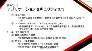 ＃EbiSecBoys
ドメイン10
アプリケーションセキュリティ 3/3
⑤ 侵入テスト
外部からの侵入を想定し、動的手法と静的手法とを組み合わせたテ
スト
⑥ アプリケーションCI/CDパイプラインのセキュリティ
各種機能をテンプレート化により自動構成を可能にし、迅速な開発と
セキュリティホールの極小化が可能
6. セキュアな運用管理
① 継続的な脆弱性評価
定期的な脆弱性評価により脅威の多様化に対応
② 開発コード変更管理
いつ誰が何の変更を行ったか記録・管理
管理・承認外作業の検出と通知の仕組み
©️ 恵比寿セキュリティボーイズ 23
 