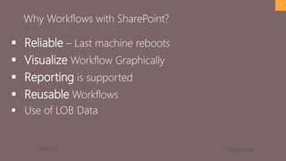 #SPSDC 
@pgbhoyar 
Reliable–Last machine reboots 
VisualizeWorkflow Graphically 
Reportingis supported 
ReusableWorkflows 
Use of LOB Data 
13 
Why Workflows with SharePoint?  