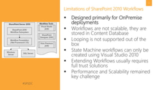 #SPSDC 
@pgbhoyar 
21 
Limitations of SharePoint 2010 Workflows 
Designed primarily for OnPremisedeployments 
Workflows are not scalable, they are stored in Content Database 
Looping is not supported out of the box 
State Machine workflows can only be created using Visual Studio 2010 
Extending Workflows usually requires full trust solutions 
Performance and Scalability remained key challenge  