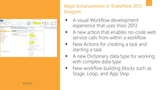 #SPSDC 
@pgbhoyar 
39 
Major Enhancements in SharePoint 2013 Designer 
A visual Workflow development experience that uses Visio 2013 
A new action that enables no-code web service calls from within a workflow 
New Actions for creating a task and starting a task 
A new Dictionary data type for working with complex data type 
New workflow building blocks such as Stage, Loop, and App Step  