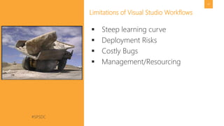 #SPSDC 
@pgbhoyar 
47 
Limitations of Visual Studio Workflows 
Steep learning curve 
Deployment Risks 
Costly Bugs 
Management/Resourcing  