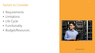 #SPSDC 
@pgbhoyar 
53 
•Requirements 
•Limitations 
•Life Cycle 
•Functionality 
•Budget/Resources 
Factors to Consider  