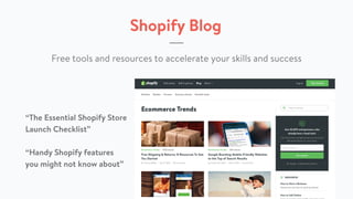 Shopify Blog
“The Essential Shopify Store
Launch Checklist”
Free tools and resources to accelerate your skills and success
“Handy Shopify features
you might not know about”
 