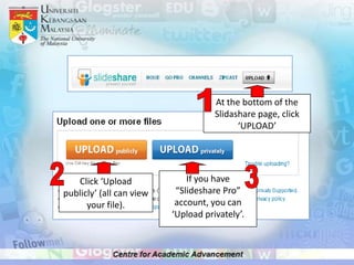 At the bottom of the
                                     Slidashare page, click
                                           ‘UPLOAD’




   Click ‘Upload              If you have
publicly’ (all can view    “Slideshare Pro”
      your file).          account, you can
                          ‘Upload privately’.
 