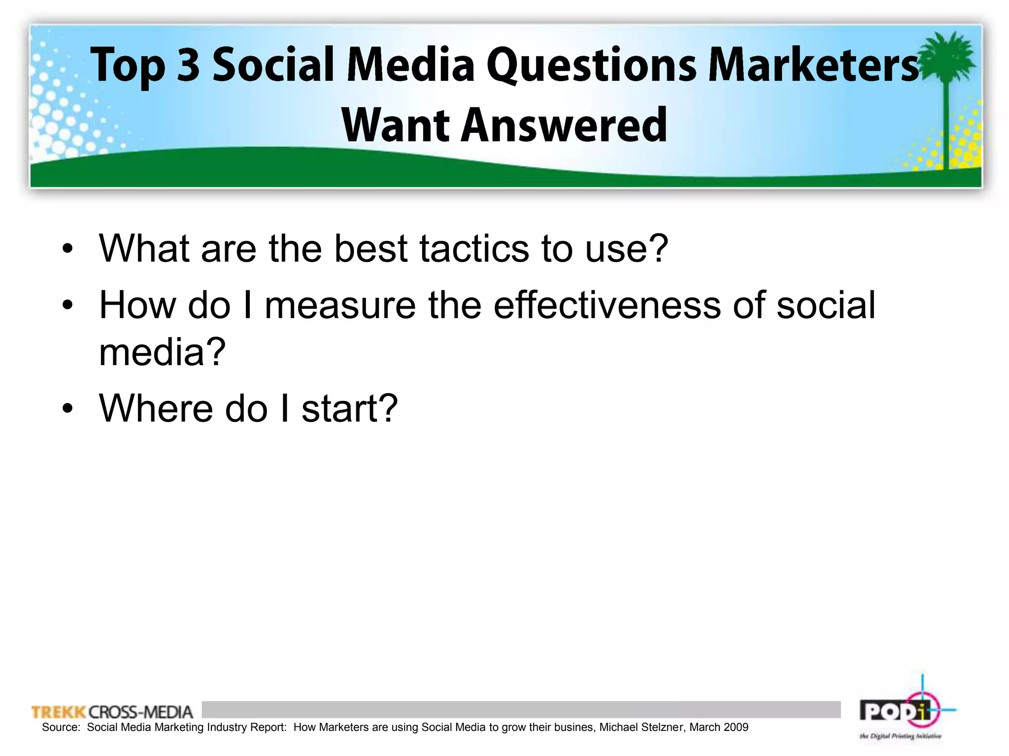 Top 3 Social Media Questions Marketers Want AnsweredWhat are the best tactics to use?How do I measure the effectiveness of social media?Where do I start?Source:  Social Media Marketing Industry Report:  How Marketers are using Social Media to grow their busines, Michael Stelzner, March 2009