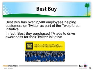Best BuyBest Buy has over 2,500 employees helping customers on Twitter as part of the Twelpforce initiative.In fact, Best Buy purchased TV ads to drive awareness for their Twitter initiative. 12Source:  20.decibels