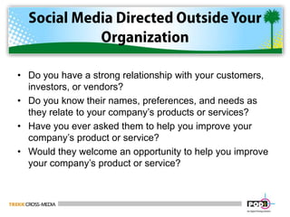 Social Media Directed Outside Your OrganizationDo you have a strong relationship with your customers, investors, or vendors?Do you know their names, preferences, and needs as they relate to your company’s products or services?Have you ever asked them to help you improve your company’s product or service?Would they welcome an opportunity to help you improve your company’s product or service?