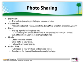 Photo SharingDefinition:  The tools in this category help you manage photos.Companies: Flickr, Photobucket, Picasa, Shutterfly, SmugMug, Snapfish, Webshots, ZoomrFacts:The top 3 photo-sharing sites are:Facebook (10B+ photos), Photobucket (6.2B+ photos), and Flickr (2B+ photos)69% of Facebook users look at or upload photosGoals:Create reusable content.Drive traffic to your store.Helps with universal search. Action Plan:Put images of your products and services online. Boost ways for viewers/clients/customers to find you. Source:  Tech Crunchies website, October 2008 and February 2009)