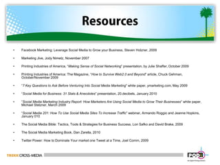 ResourcesFacebook Marketing: Leverage Social Media to Grow your Business, Steven Holzner, 2009Marketing Jive, Jody Nimetz, November 2007Printing Industries of America, “Making Sense of Social Networking” presentation, by Julie Shaffer, October 2009Printing Industries of America: The Magazine, “How to Survive Web2.0 and Beyond” article, Chuck Gehman, October/November 2009“7 Key Questions to Ask Before Venturing Into Social Media Marketing” white paper, ymarketing.com, May 2009“Social Media for Business: 31 Stats & Anecdotes” presentation, 20.decibels, January 2010“Social Media Marketing Industry Report: How Marketers Are Using Social Media to Grow Their Businesses” white paper, Michael Stelzner, March 2009“Social Media 201: How To Use Social Media Sites To Increase Traffic” webinar, Armando Roggio and Jeanne Hopkins, January 010The Social Media Bible: Tactics, Tools & Strategies for Business Success, Lon Safko and David Brake, 2009The Social Media Marketing Book, Dan Zarella, 2010Twitter Power: How to Dominate Your market one Tweet at a Time, Joel Comm, 2009