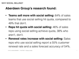 © 2017 ALL RIGHTS RESERVED ● NICK FROST ● @Thinker on Twitter 11
Aberdeen Group’s research found:
• Teams sell more with social selling: 64% of sales
teams that use social selling hit quota, compared to
49% that don’t.
• Reps hit quota with social selling: 46% of sales
reps using social selling achieve quota, 38% who
aren’t, don’t.
• Renewal rates increase with social selling: Sales
reps who use social selling report a 55% customer
renewal rate and a sales forecast accuracy of 54%.
WHY SOCIAL SELLING?
 