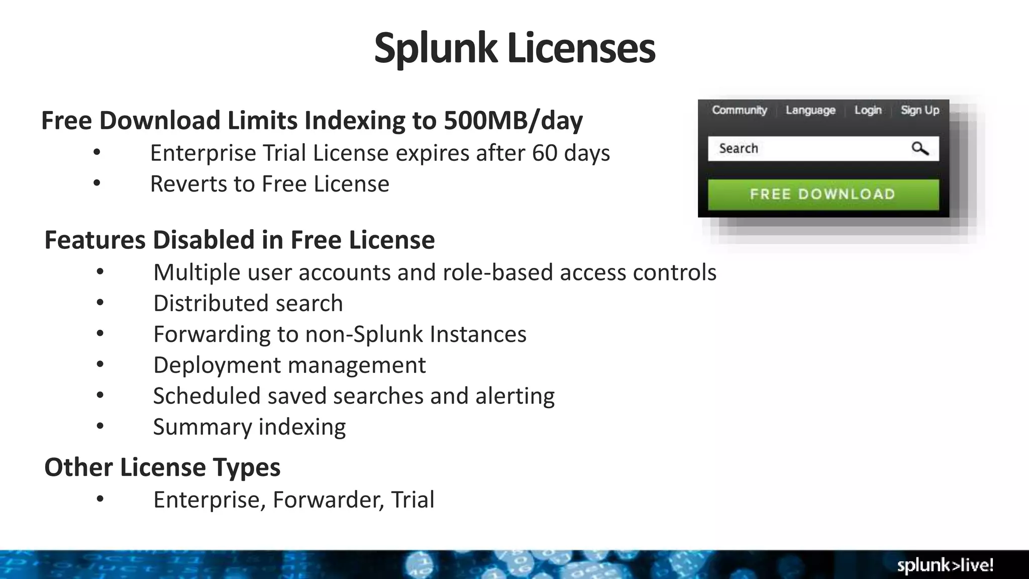 Splunk Licenses
Free Download Limits Indexing to 500MB/day
• Enterprise Trial License expires after 60 days
• Reverts to Free License
Features Disabled in Free License
• Multiple user accounts and role-based access controls
• Distributed search
• Forwarding to non-Splunk Instances
• Deployment management
• Scheduled saved searches and alerting
• Summary indexing
Other License Types
• Enterprise, Forwarder, Trial
 