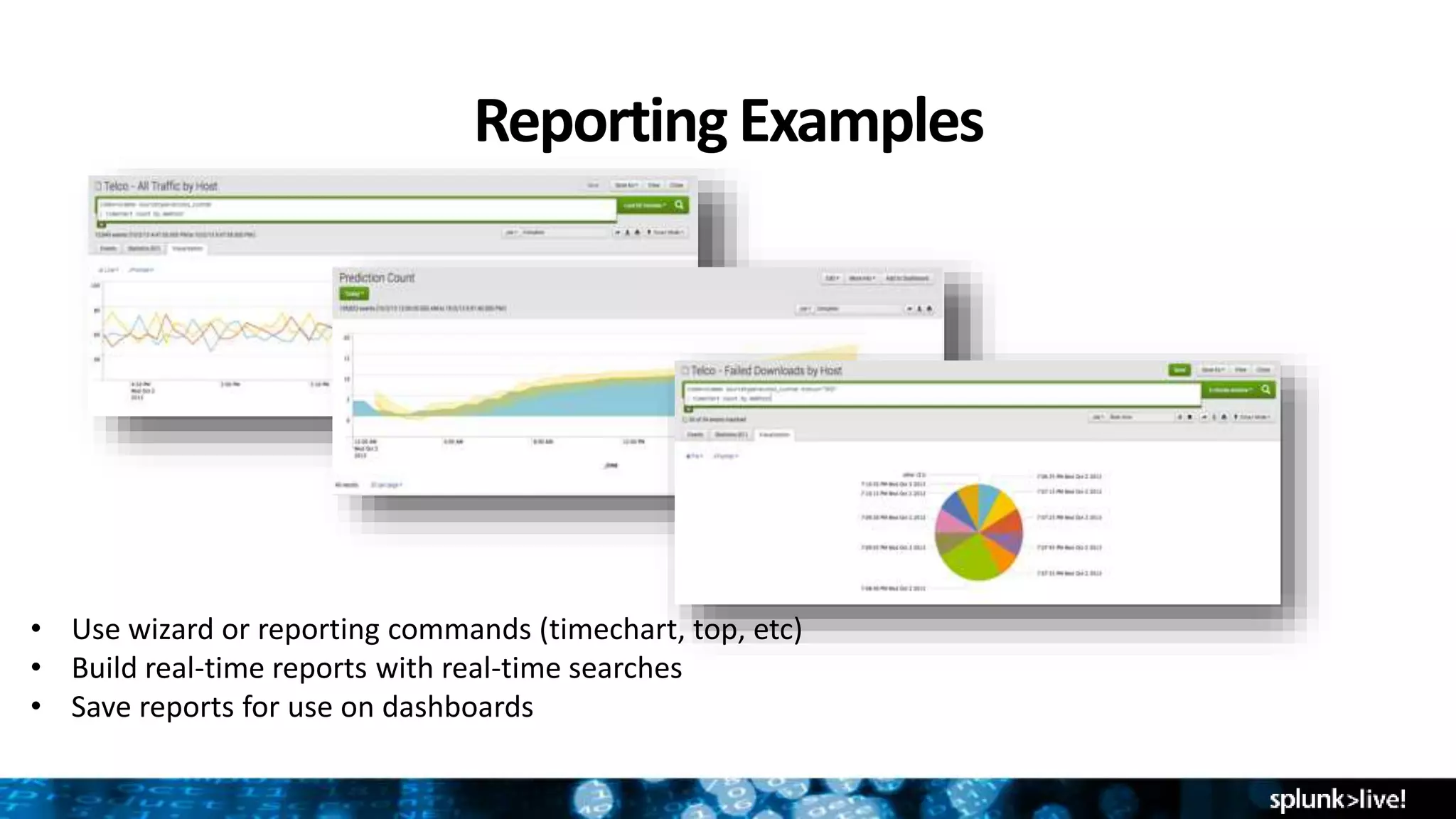 ReportingExamples
• Use wizard or reporting commands (timechart, top, etc)
• Build real-time reports with real-time searches
• Save reports for use on dashboards
 