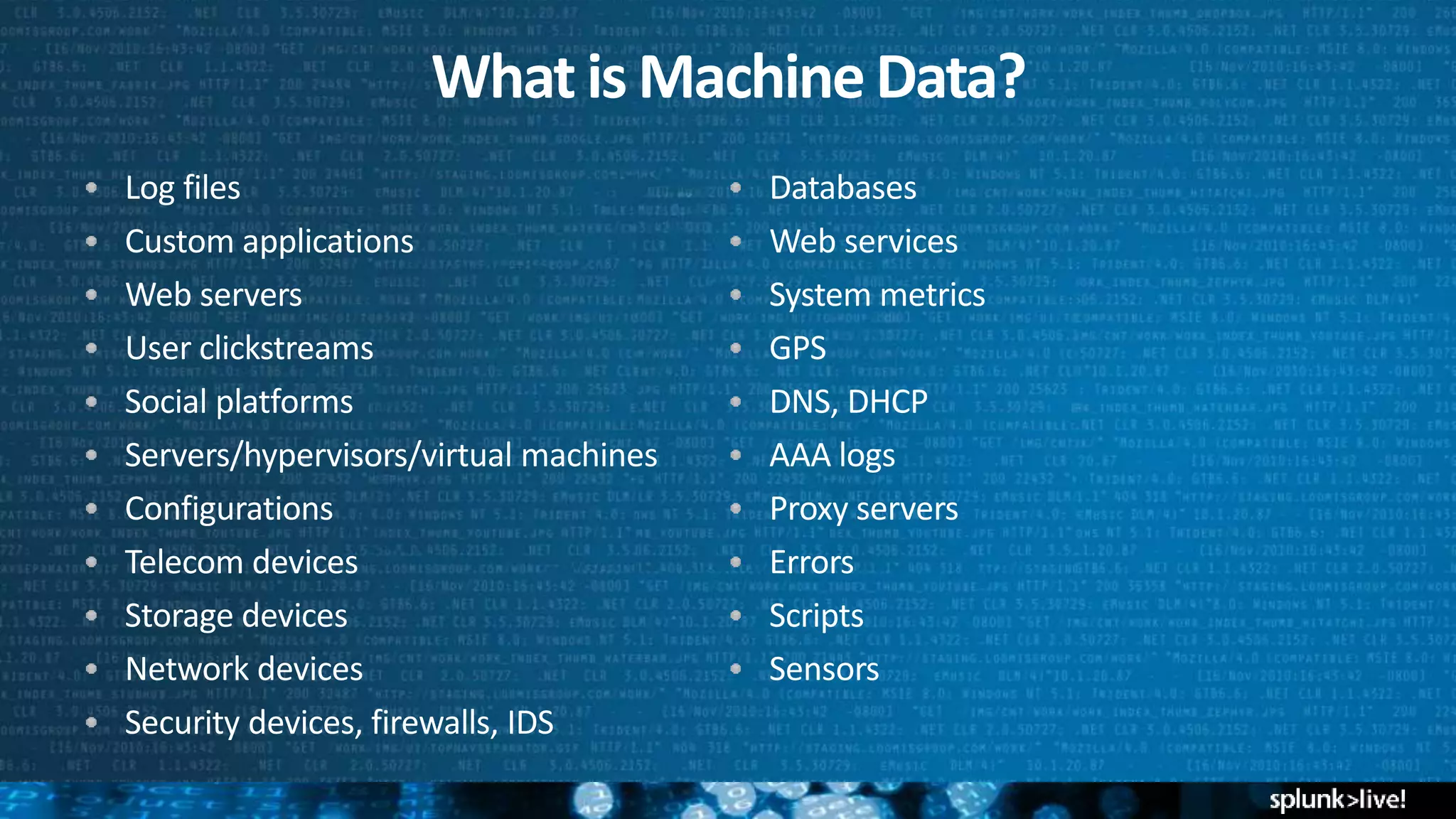Log files
Custom applications
Web servers
User clickstreams
Social platforms
Servers/hypervisors/virtual machines
Configurations
Telecom devices
Storage devices
Network devices
Security devices, firewalls, IDS
Databases
Web services
System metrics
GPS
DNS, DHCP
AAA logs
Proxy servers
Errors
Scripts
Sensors
What is MachineData?
 