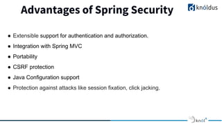 Advantages of Spring Security
● Extensible support for authentication and authorization.
● Integration with Spring MVC
● Portability
● CSRF protection
● Java Configuration support
● Protection against attacks like session fixation, click jacking.
 