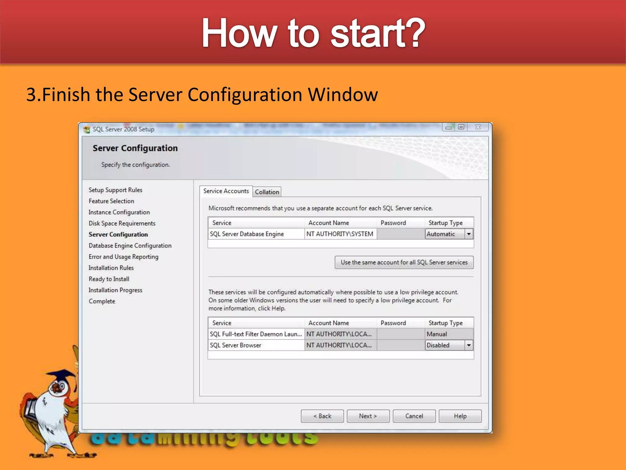 How to Start?Get started with the SQL Server in 15 minutes! Just follow the steps given below:DOWNLOAD AND INSTALLATION:  Download the Express edition of the SQL from the link: 	http://www.microsoft.com/express/sql/download/. Click on ‘Install it now’ to perform installation