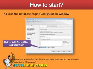 How to start?2. When the Installer appears, select the first option: ‘New SQL Server stand-alone installation or add features to an existing instlllation’Proceed with the Installation