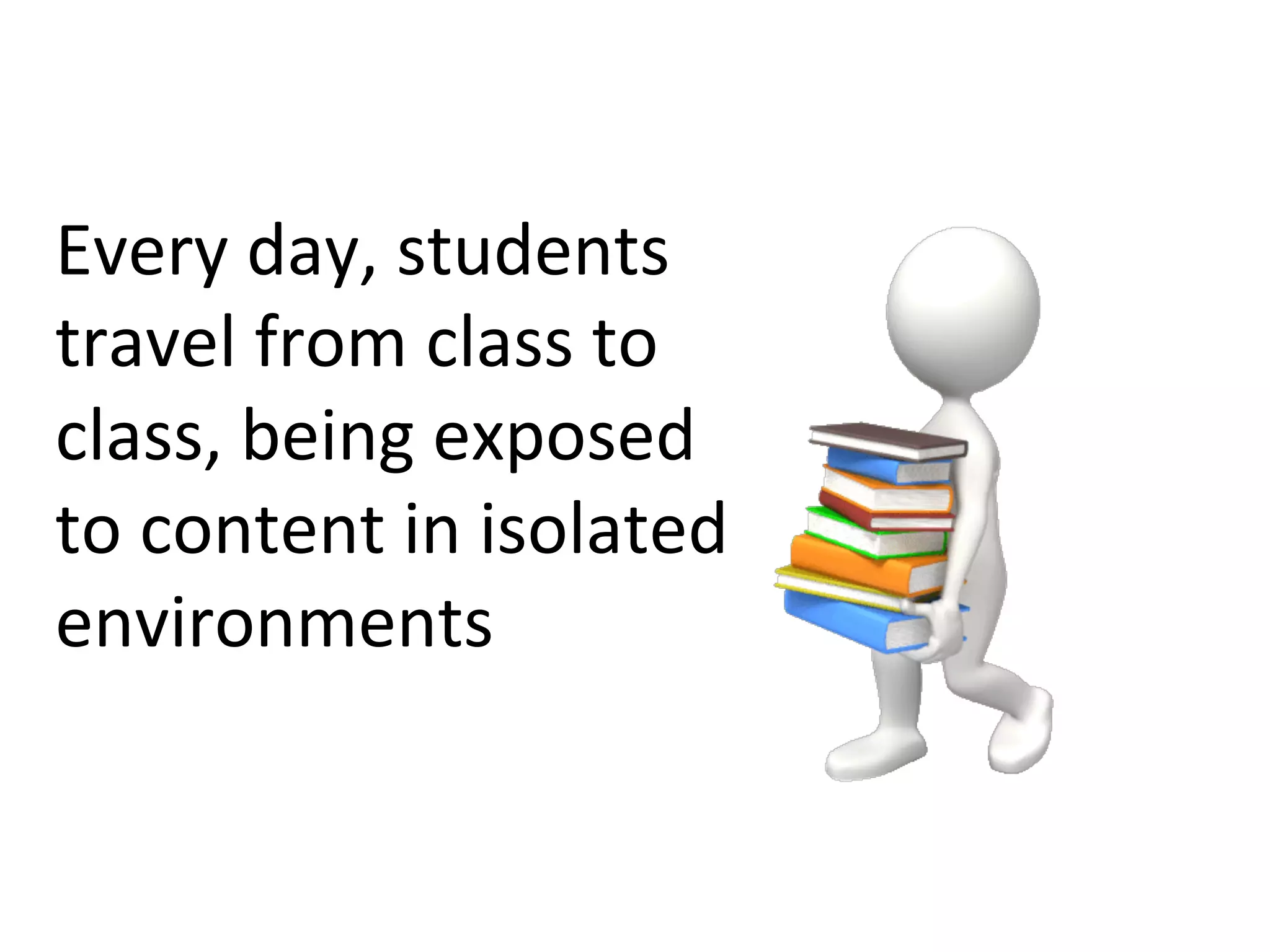 Every	
  day,	
  students	
  
travel	
  from	
  class	
  to	
  
class,	
  being	
  exposed	
  
to	
  content	
  in	
  isolated	
  
environments	
  

 