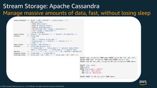 © 2020, Amazon Web Services, Inc. or its Affiliates. All rights reserved. Amazon Confidential
Stream Storage: Apache Cassandra
Manage massive amounts of data, fast, without losing sleep
 