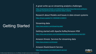 © 2020, Amazon Web Services, Inc. or its Affiliates. All rights reserved. Amazon Confidential
Getting Started
https://engineering.linkedin.com/distributed-systems/log-what-every-software-
engineer-should-know-about-real-time-datas-unifying
A great write-up on streaming analytics challenges
https://aws.amazon.com/streaming-data/
Streaming data
https://docs.aws.amazon.com/msk/latest/developerguide/what-is-msk.html
Getting started with Apache Kafka/Amazon MSK
https://aws.amazon.com/kinesis/
Amazon Kinesis Services for streaming data
https://aws.amazon.com/elasticsearch-service/
Amazon ElasticSearch Service
https://dl.acm.org/doi/10.1145/543613.543615
Research about Models and Issues in data stream systems
 