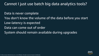 © 2020, Amazon Web Services, Inc. or its Affiliates. All rights reserved. Amazon Confidential
Cannot I just use batch big data analytics tools?
Data is never complete
You don’t know the volume of the data before you start
Low-latency is expected
Data can come out of order
System should remain available during upgrades
 