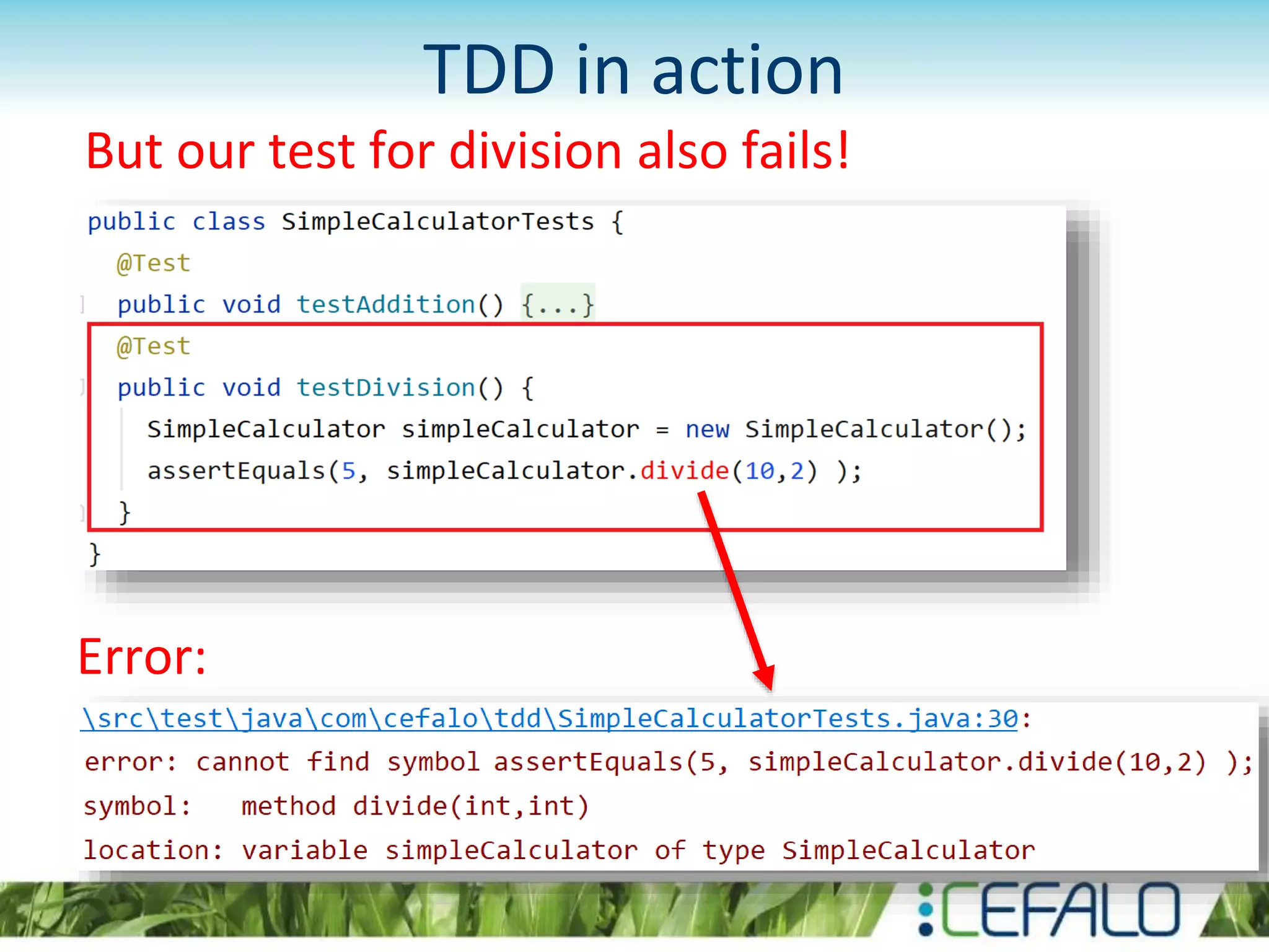 TDD in action But our test for division also fails! Error: 