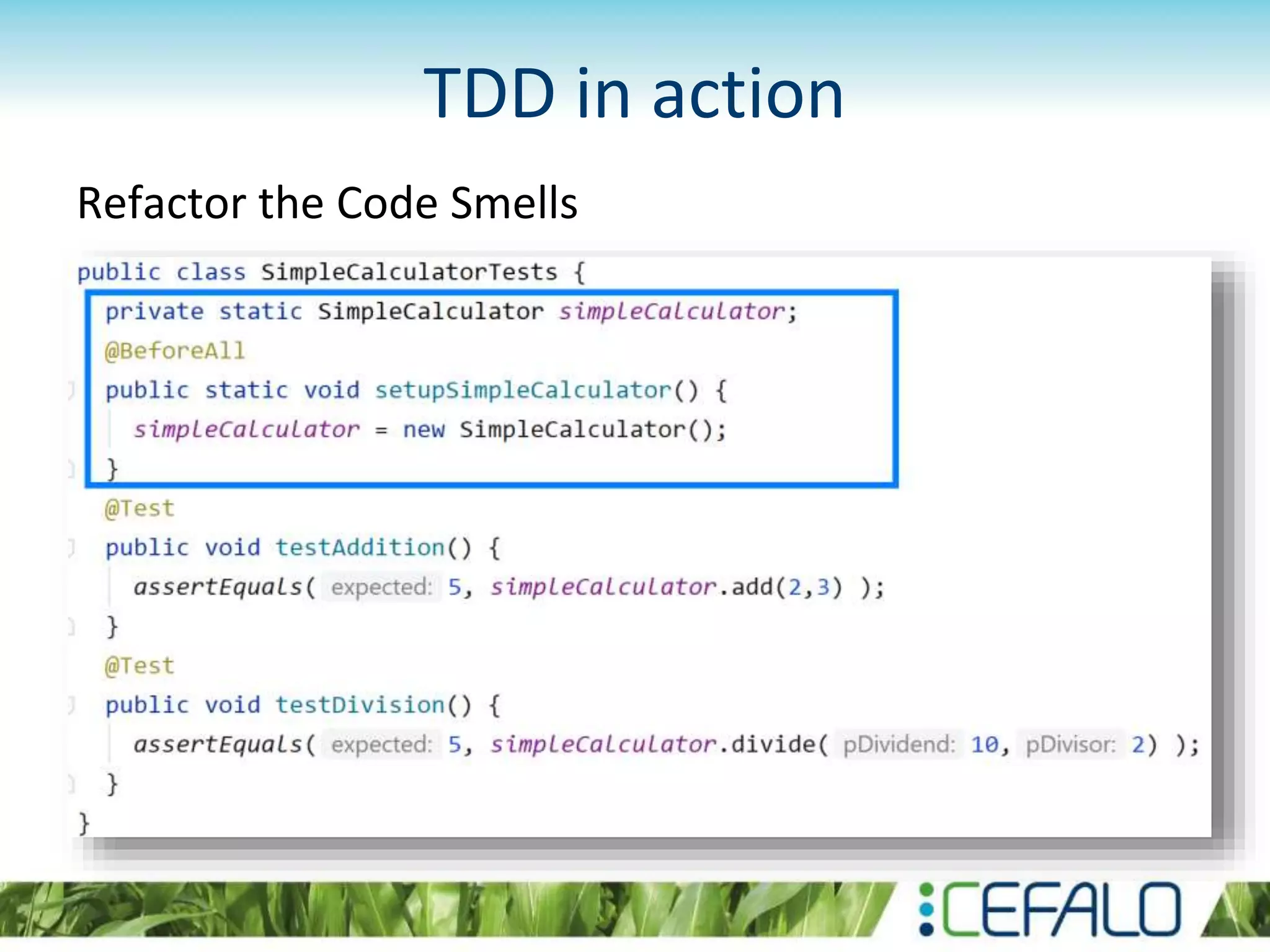 TDD in action Refactor the Code Smells 
