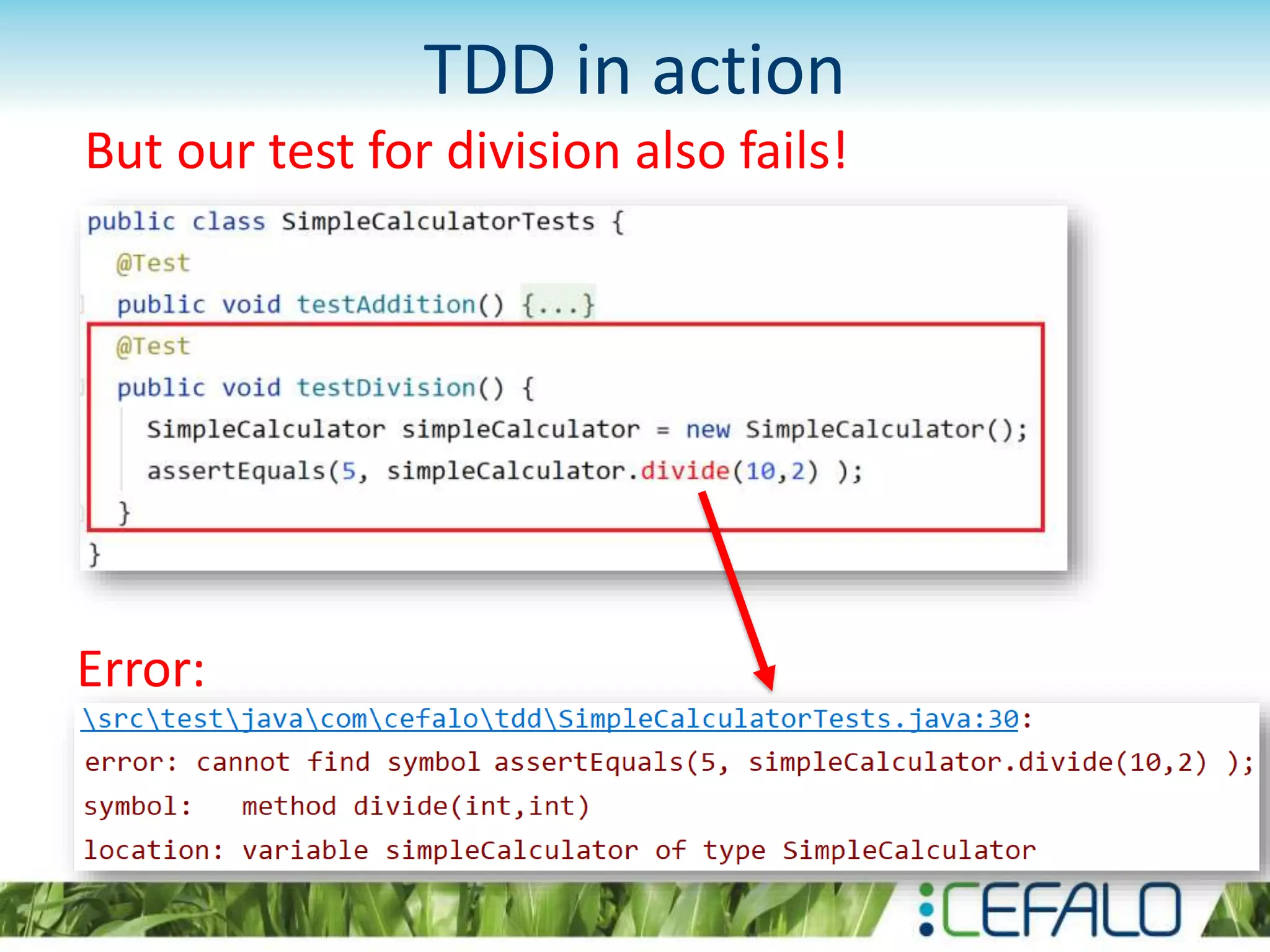 TDD in action But our test for division also fails! Error: 