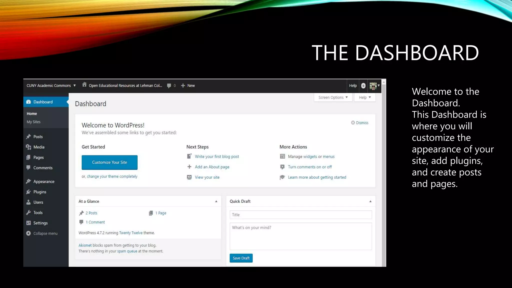 THE DASHBOARD
Welcome to the
Dashboard.
This Dashboard is
where you will
customize the
appearance of your
site, add plugins,
and create posts
and pages.
 