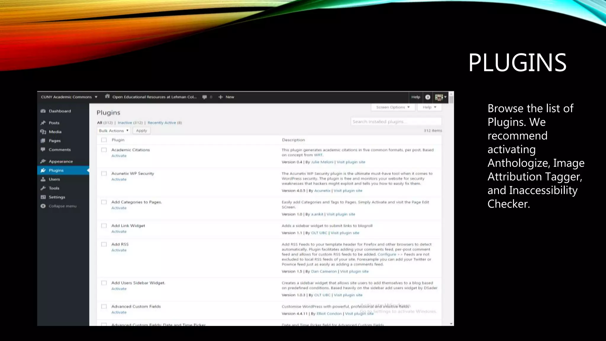 PLUGINS
Browse the list of
Plugins. We
recommend
activating
Anthologize, Image
Attribution Tagger,
and Inaccessibility
Checker.
 
