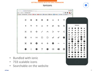 11
Ionicons
GETTING STARTED WITH THE IONIC FRAMEWORK
• Bundled with ionic
• 733 scalable icons
• Searchable on the website
 