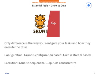 12
Essential Tools – Grunt vs Gulp
GETTING STARTED WITH THE IONIC FRAMEWORK
Only difference is the way you configure your tasks and how they
execute the tasks.
Configuration: Grunt is configuration based. Gulp is stream based.
Execution: Grunt is sequential. Gulp runs concurrently.
 