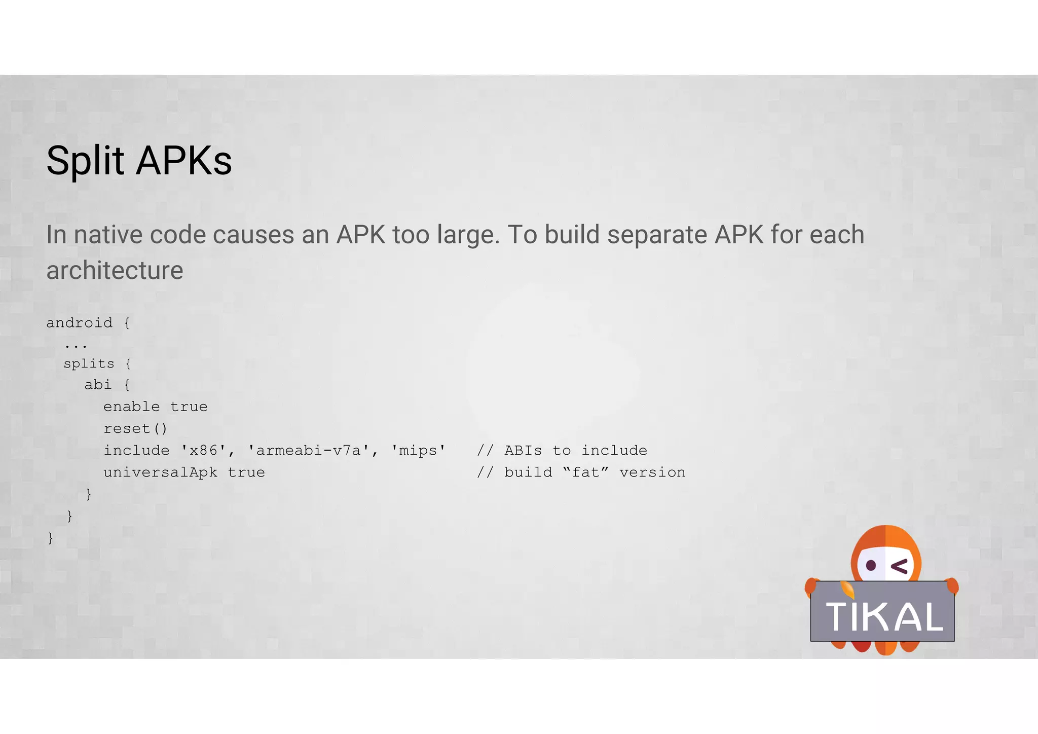 Everything you can configure in android.ndk 2
android.ndk {
// All configurations that can be changed in android.ndk.
...
abiFilters.add("x86") // List of target ABIs
CFlags.add("-DCUSTOM_DEFINE")
cppFlags.add("-DCUSTOM_DEFINE")
debuggable = false
renderscriptNdkMode = false
stl = "stlport_static" // choice of c++ runtimes provided
platformVersion = 15
}
● http://tools.android.com/tech-docs/new-build-system/gradle-experimental#TOC-Ndk-Integration
 