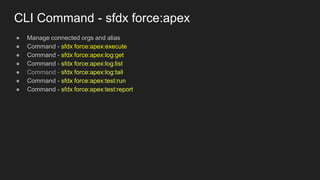 CLI Command - sfdx force:apex
● Manage connected orgs and alias
● Command - sfdx force:apex:execute
● Command - sfdx force:apex:log:get
● Command - sfdx force:apex:log:list
● Command - sfdx force:apex:log:tail
● Command - sfdx force:apex:test:run
● Command - sfdx force:apex:test:report
 