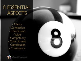 8 ESSENTIAL
ASPECTS	

!
- Clarity	

- Connection	

- Compassion	

-Value	

- Competency	

- Commitment	

- Contribution	

...
