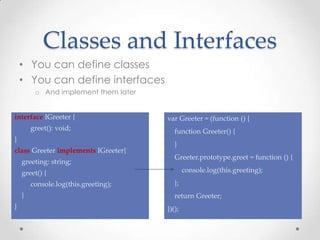 Classes and Interfaces
• You can define classes
• You can define interfaces
o And implement them later
interface IGreeter {
greet(): void;
}
class Greeter implements IGreeter{
greeting: string;
greet() {
console.log(this.greeting);
}
}
var Greeter = (function () {
function Greeter() {
}
Greeter.prototype.greet = function () {
console.log(this.greeting);
};
return Greeter;
})();
 