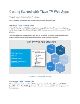Getting Started with Tizen TV Web Apps
This guide explains the basics of Tizen TV web apps.
NOTE: This guide assumes you have installed the Tizen-based Samsung TV SDK.
What is a Tizen TV Web App?
A Tizen TV Web App is an HTML5 based application designed for the Tizen TV environment. By using
standard technologies like HTML5, JavaScript, and CSS, developers can create rich experiences for the TV
platform.
The Tizen TV platform provides a JavaScript “web api” to provide TV features to the web applications.
HTML5’s video and audio tags provide the cornerstone of the multimedia functions.
Figure 1 Apps Are Based on HTML, JS, and CSS
Creating a Tizen TV Web App
The easiest way to create a new Tizen TV Web App is to use the Tizen-based Samsung TV SDK IDE.
Select File > New > Tizen Web Project. You can choose to create a project from the Templates or the
Sample projects.
 