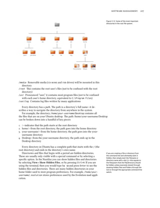   


                                                                               Figure 5.12: Some of the most important
                                                                               directories in the root ﬁle system.




/media   Removable media ( and  drives) will be mounted in this
   directory
/root is contains the root user’s ﬁles (not to be confused with the root
   directory)
/usr Pronounced “user,” it contains most program ﬁles (not to be confused
   with each user’s home directory, equivalent to C:Program Files)
/var/log Contains log ﬁles wrien by many applications

   Every directory has a path. e path is a directory’s full name—it de-
scribes a way to navigate the directory from anywhere in the system.
   For example, the directory /home/your-username/Desktop contains all
the ﬁles that are on your Ubuntu desktop. e path /home/your-username/Desktop
can be broken down into a handful of key pieces:

. /—indicates that the path starts at the root directory
. home/—from the root directory, the path goes into the home directory
. your-username/—from the home directory, the path goes into the your-
   username directory
. Desktop—from the your-username directory, the path ends up in the
   Desktop directory

   Every directory in Ubuntu has a complete path that starts with the / (the
root directory) and ends in the directory’s own name.
   Directories and ﬁles that begin with a period are hidden directories.       If you are creating a ﬁle or directory from
ese are usually only visible with a special command or by selecting a         the command line and ultimately want it
                                                                               hidden, then simply start the ﬁlename or
speciﬁc option. In the Nautilus you can show hidden ﬁles and directories       directory name with a dot (.)—this signals to
by selecting View ‣ Show Hidden Files, or by pressing Ctrl+H. If you are       the ﬁlesystem that the ﬁle/directory should
using the terminal, then you would type ls -a and press Enter to see the       be hidden unless expressly viewed through
                                                                               showing hidden ﬁles and folders through the
hidden ﬁles and directories. ere are many hidden directories in your          GUI or through the appropriate command line
home folder used to store program preferences. For example, /home/your-        switch.
username/.evolution stores preferences used by the Evolution mail appli-
cation.
 