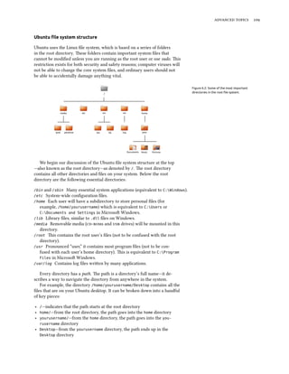   
Ubuntu ﬁle system structure
Ubuntu uses the Linux ﬁle system, which is based on a series of folders
in the root directory. ese folders contain important system ﬁles that
cannot be modiﬁed unless you are running as the root user or use sudo. is
restriction exists for both security and safety reasons; computer viruses will
not be able to change the core system ﬁles, and ordinary users should not
be able to accidentally damage anything vital.
Figure 6.2: Some of the most important
directories in the root ﬁle system.
We begin our discussion of the Ubuntu ﬁle system structure at the top
—also known as the root directory—as denoted by /. e root directory
contains all other directories and ﬁles on your system. Below the root
directory are the following essential directories:
/bin and /sbin Many essential system applications (equivalent to C:Windows).
/etc System-wide conﬁguration ﬁles.
/home Each user will have a subdirectory to store personal ﬁles (for
example, /home/yourusername) which is equivalent to C:Users or
C:Documents and Settings in Microso Windows.
/lib Library ﬁles, similar to .dll ﬁles on Windows.
/media Removable media (s and  drives) will be mounted in this
directory.
/root is contains the root user’s ﬁles (not to be confused with the root
directory).
/usr Pronounced “user,” it contains most program ﬁles (not to be con-
fused with each user’s home directory). is is equivalent to C:Program
Files in Microso Windows.
/var/log Contains log ﬁles wrien by many applications.
Every directory has a path. e path is a directory’s full name—it de-
scribes a way to navigate the directory from anywhere in the system.
For example, the directory /home/yourusername/Desktop contains all the
ﬁles that are on your Ubuntu desktop. It can be broken down into a handful
of key pieces:
‣ /—indicates that the path starts at the root directory
‣ home/—from the root directory, the path goes into the home directory
‣ yourusername/—from the home directory, the path goes into the you-
rusername directory
‣ Desktop—from the yourusername directory, the path ends up in the
Desktop directory
 