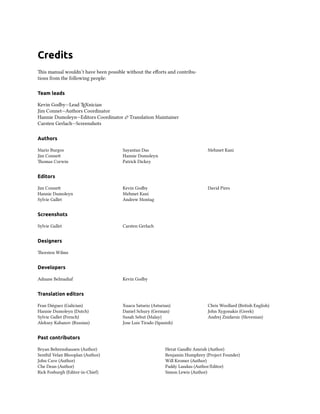 Credits
is manual wouldn’t have been possible without the eﬀorts and contribu-
tions from the following people:
Team leads
Kevin Godby—Lead TEXnician
Jim Connet—Authors Coordinator
Hannie Dumoleyn—Editors Coordinator  Translation Maintainer
Carsten Gerlach—Screenshots
Authors
Mario Burgos
Jim Conne
omas Corwin
Sayantan Das
Hannie Dumoleyn
Patrick Dickey
Mehmet Kani
Editors
Jim Conne
Hannie Dumoleyn
Sylvie Gallet
Kevin Godby
Mehmet Kani
Andrew Montag
David Pires
Screenshots
Sylvie Gallet Carsten Gerlach
Designers
orsten Wilms
Developers
Adnane Belmadiaf Kevin Godby
Translation editors
Fran Diéguez (Galician)
Hannie Dumoleyn (Dutch)
Sylvie Gallet (French)
Aleksey Kabanov (Russian)
Xuacu Saturio (Asturian)
Daniel Schury (German)
Susah Sebut (Malay)
Jose Luis Tirado (Spanish)
Chris Woollard (British English)
John Xygonakis (Greek)
Andrej Znidarsic (Slovenian)
Past contributors
Bryan Behrenshausen (Author)
Senthil Velan Bhooplan (Author)
John Cave (Author)
Che Dean (Author)
Rick Fosburgh (Editor-in-Chie)
Herat Gandhi Amrish (Author)
Benjamin Humphrey (Project Founder)
Will Kromer (Author)
Paddy Landau (Author/Editor)
Simon Lewis (Author)
 