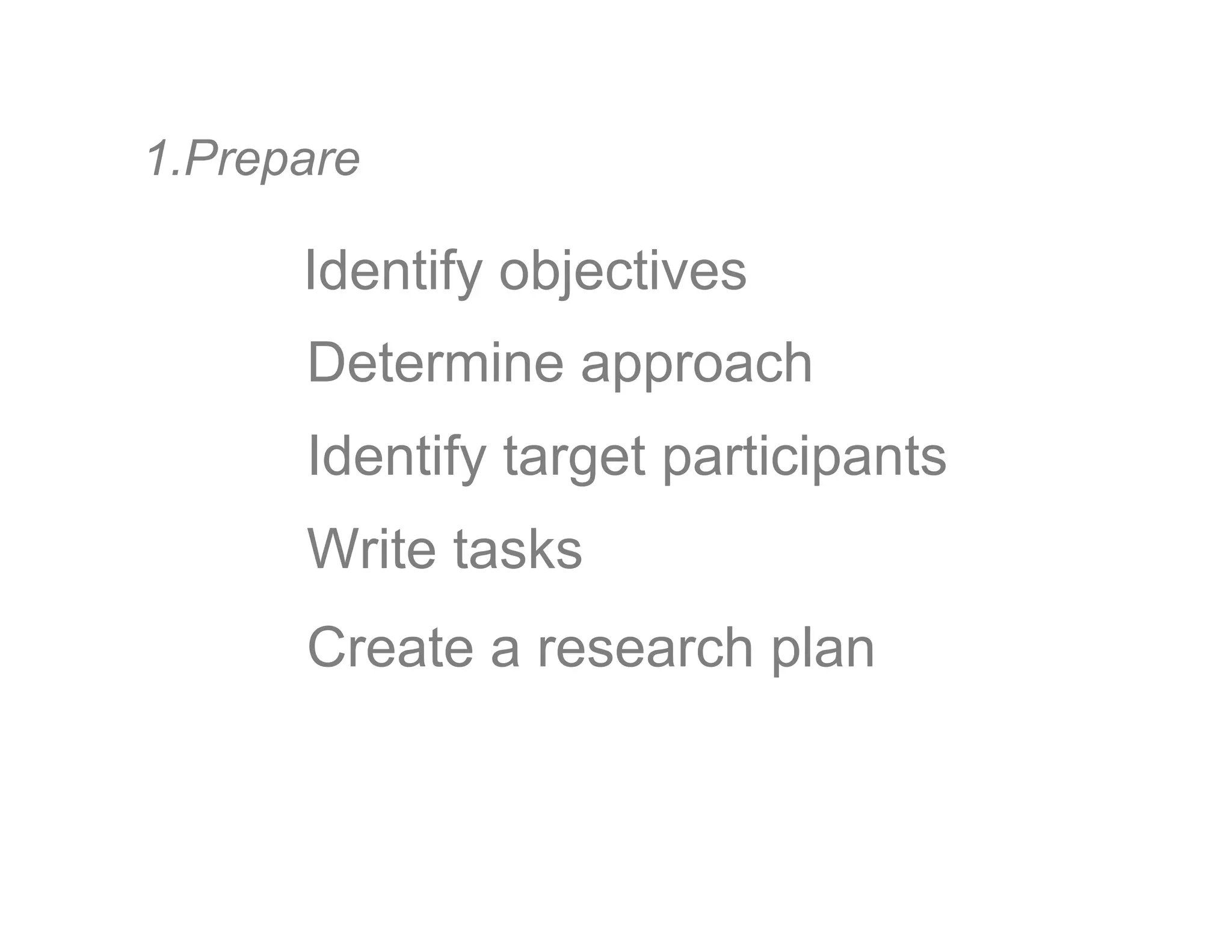 1. Prepare
Determine approach
Identify objectives
Create a research plan
Identify target participants
Write tasks
 