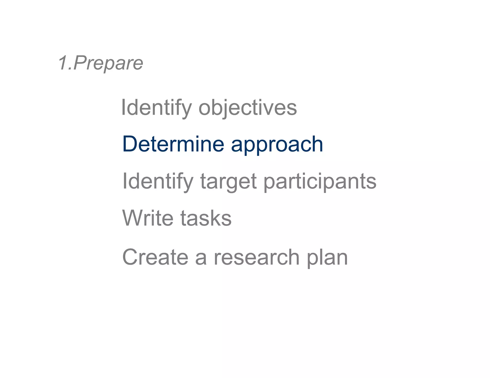 1. Prepare
Determine approach
Identify objectives
Create a research plan
Identify target participants
Write tasks
 