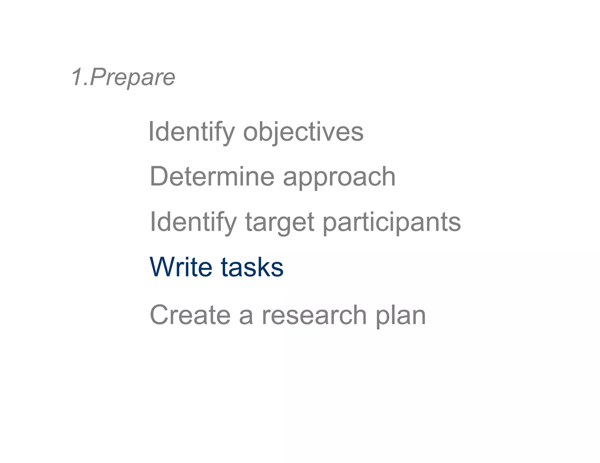 1. Prepare
Determine approach
Identify objectives
Create a research plan
Identify target participants
Write tasks
 