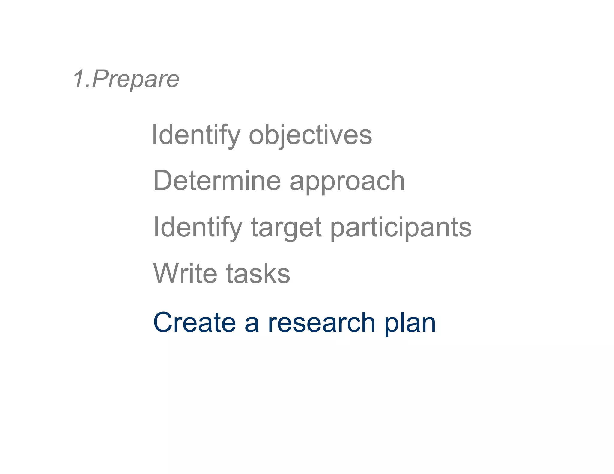 1. Prepare
Determine approach
Identify objectives
Create a research plan
Identify target participants
Write tasks
 