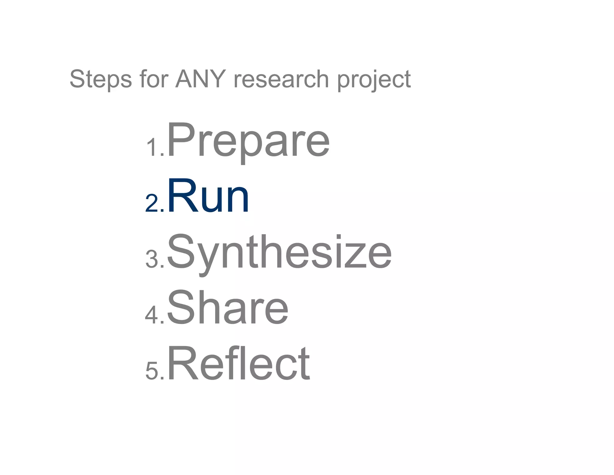 Steps for ANY research project
1. Prepare
2. Run
3. Synthesize
4. Share
5. Reflect
 