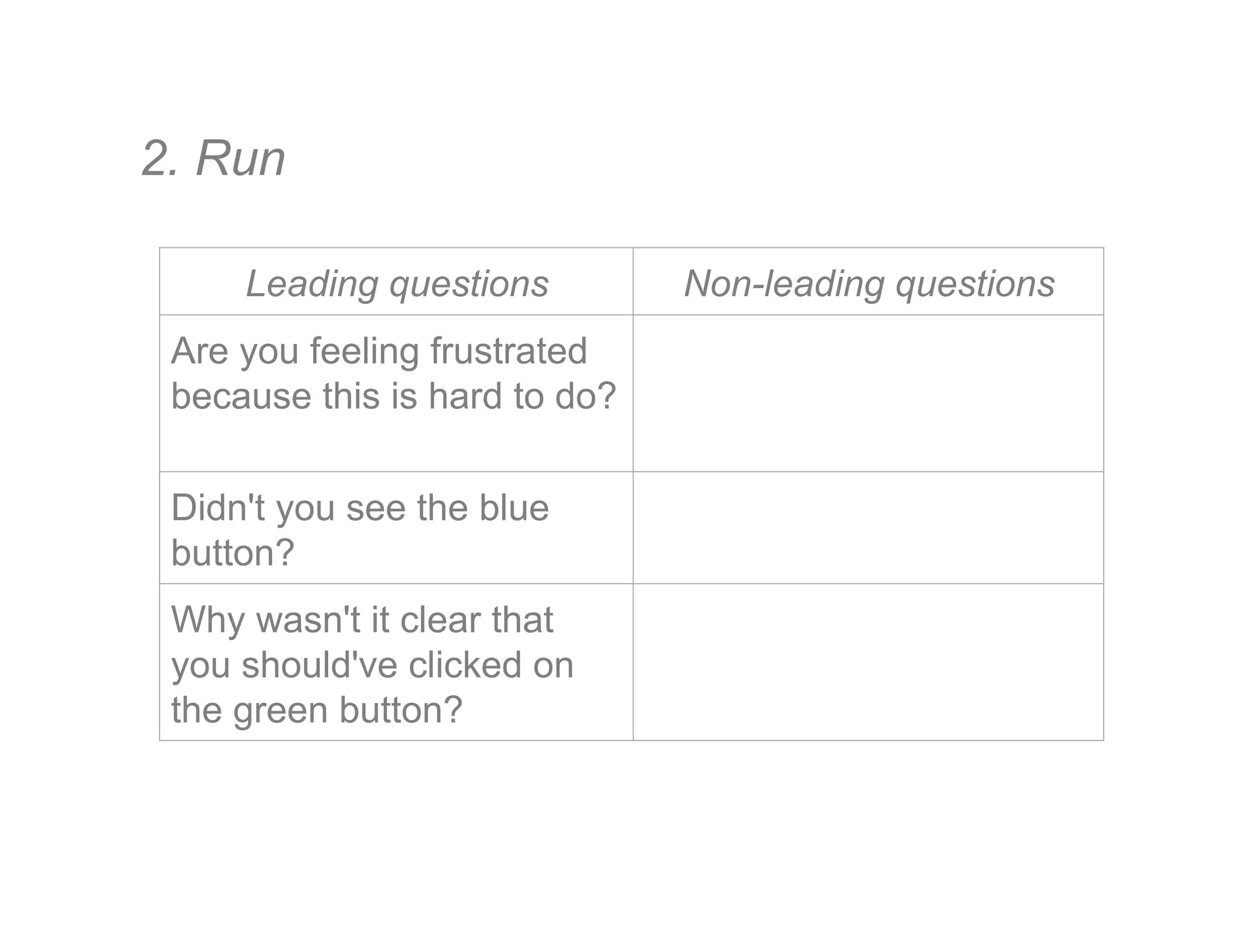 2. Run
Leading questions Non-leading questions
Are you feeling frustrated
because this is hard to do?
Didn't you see the blue
button?
Why wasn't it clear that
you should've clicked on
the green button?
 