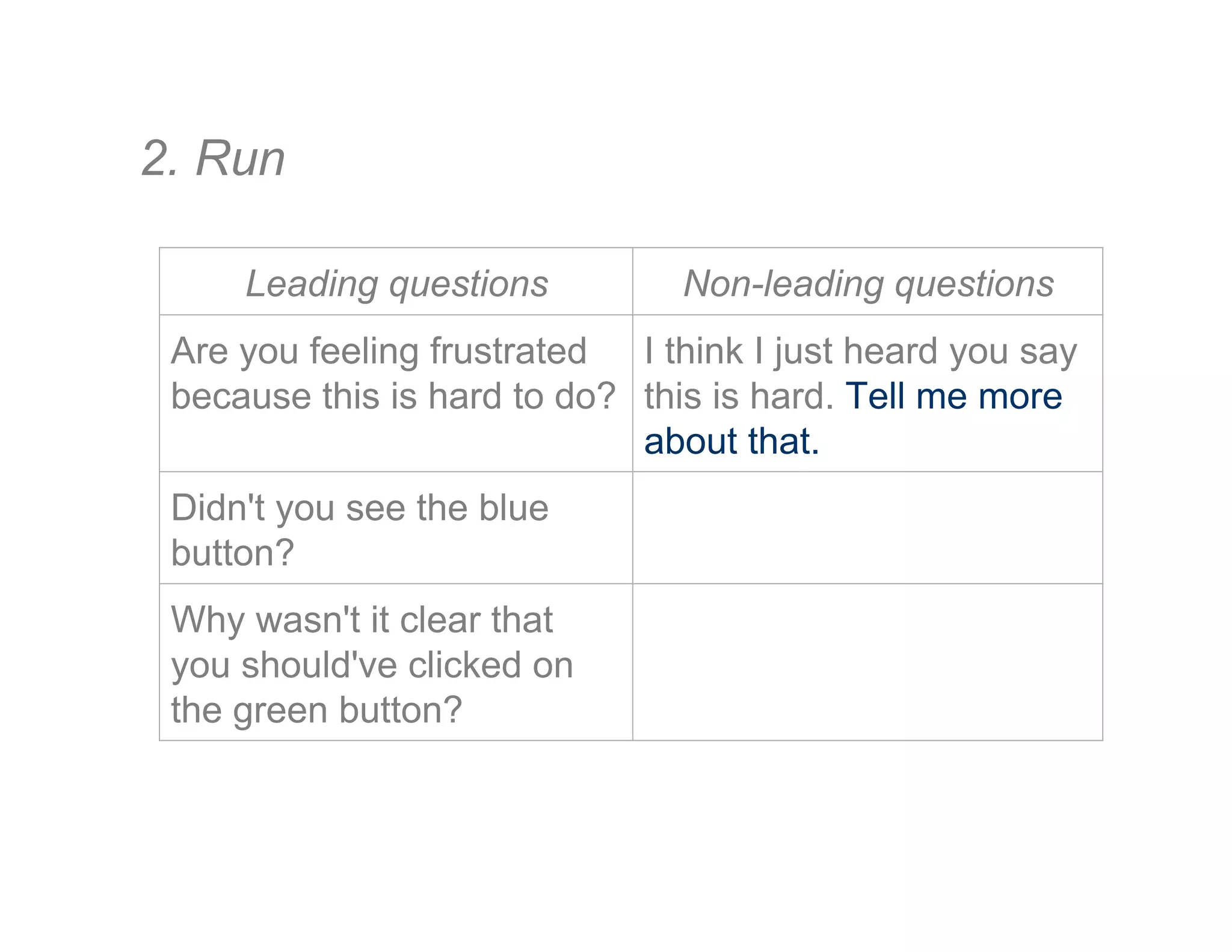 2. Run
Leading questions Non-leading questions
Are you feeling frustrated
because this is hard to do?
I think I just heard you say
this is hard. Tell me more
about that.
Didn't you see the blue
button?
Why wasn't it clear that
you should've clicked on
the green button?
 