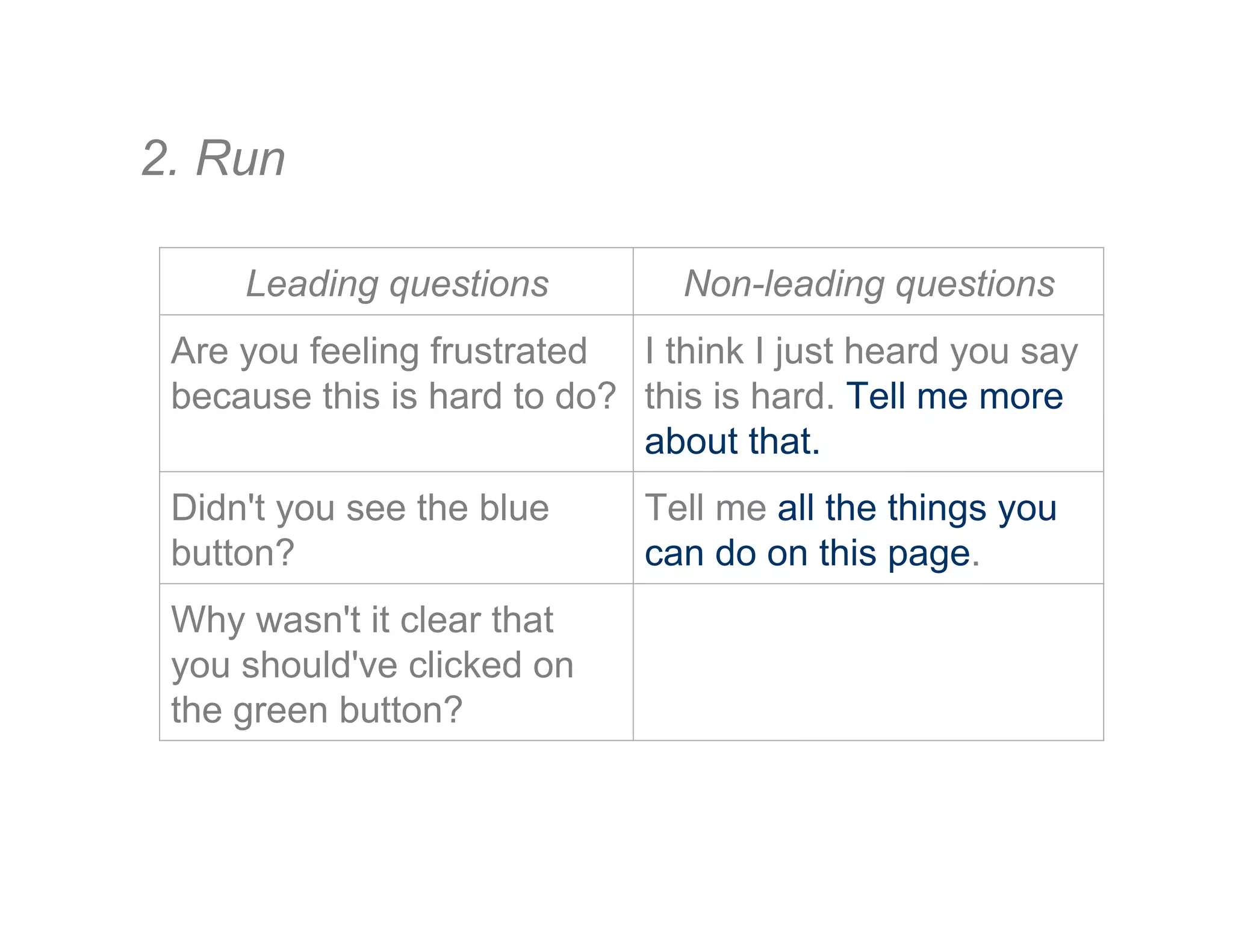 2. Run
Leading questions Non-leading questions
Are you feeling frustrated
because this is hard to do?
I think I just heard you say
this is hard. Tell me more
about that.
Didn't you see the blue
button?
Tell me all the things you
can do on this page.
Why wasn't it clear that
you should've clicked on
the green button?
 